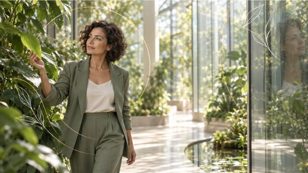 Woman walking toward several open paths in a sunlit garden.