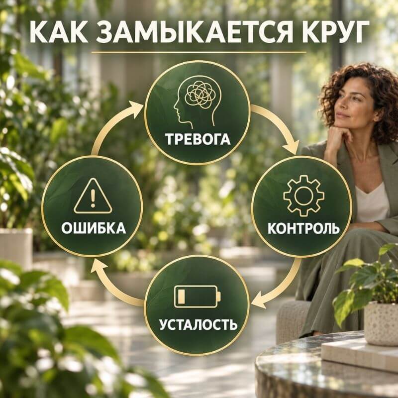 Cycle of anxiety, control, fatigue and mistakes.
