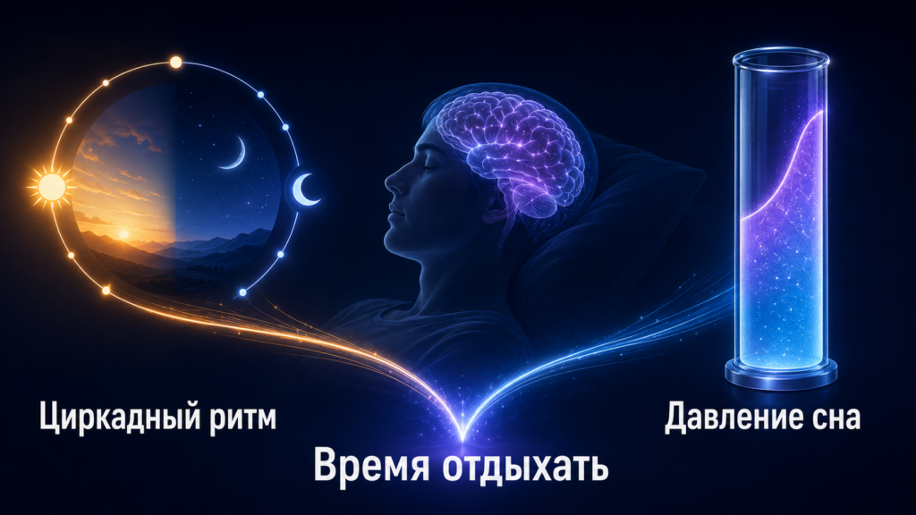 Инфографика о взаимодействии циркадного ритма и давления сна, которые помогают организму определить время для отдыха.