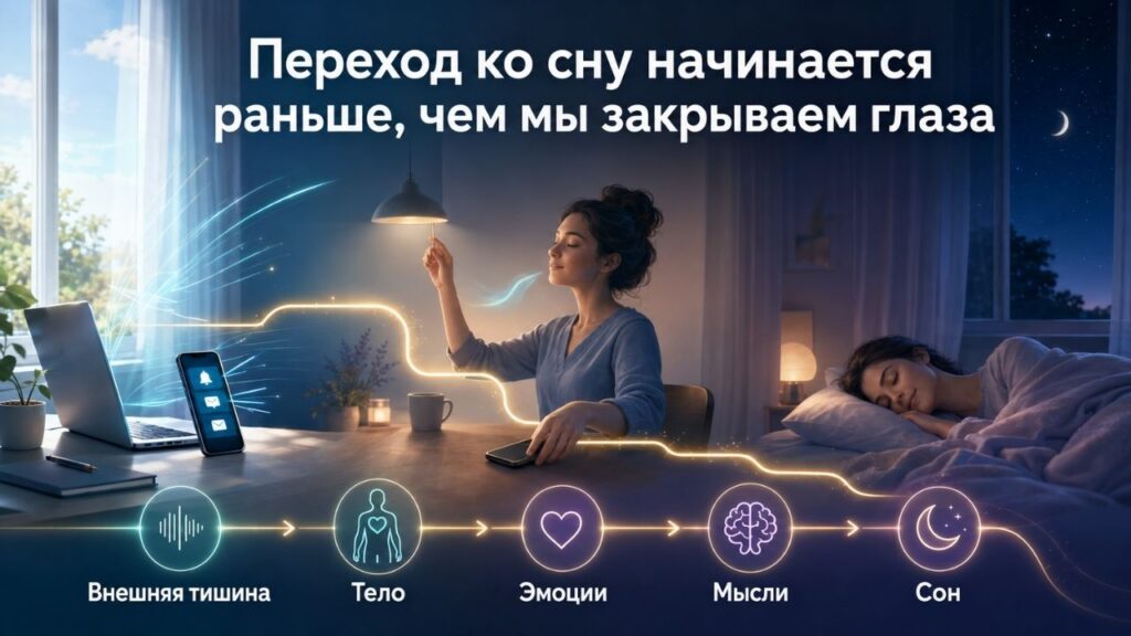Плавный переход от дневной активности к спокойному сну через внешнюю тишину, расслабление тела, эмоций и мыслей.