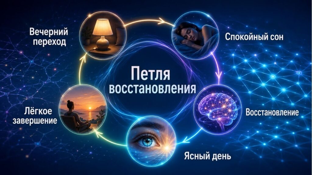 Плавный переход от дневной активности к спокойному сну через внешнюю тишину, расслабление тела, эмоций и мыслей.