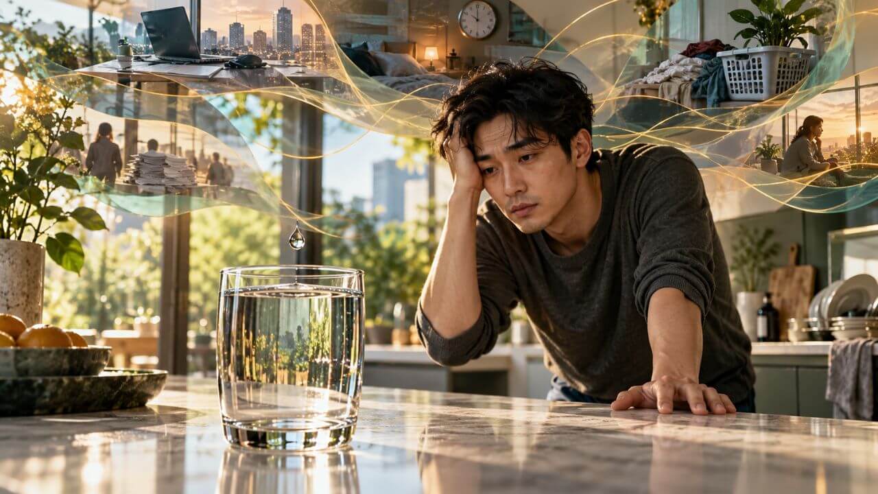 Overwhelmed young man beside a nearly full glass of water.