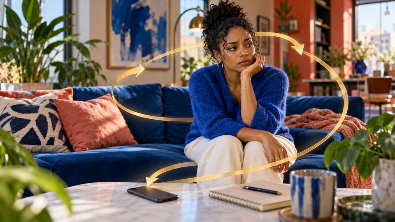 Young woman avoiding financial information as anxiety reinforces itself.
