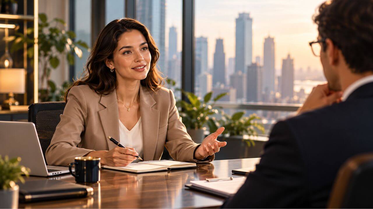 Confident female candidate discussing salary expectations with an employer during a professional job interview in English.