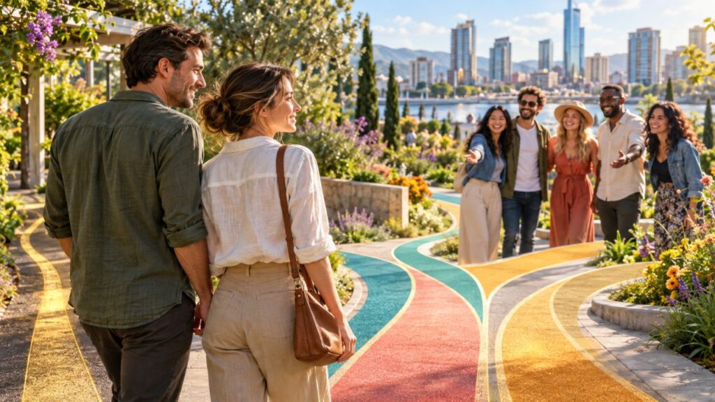 Russian-speaking newcomers approaching new friends and opportunities in a multicultural city.